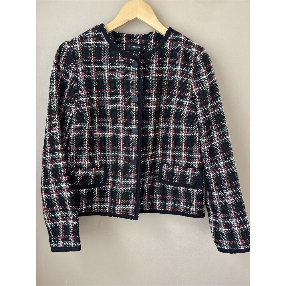 Liz Claiborne Tweed Blazer Womens 8 Black Red White Plaid Career Jacket